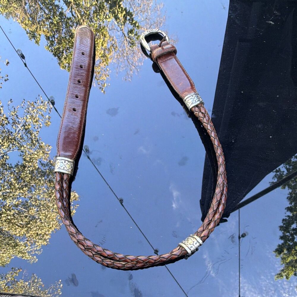 Vintage Fossil Leather Braided Belt Silver Toned Hardware 32.5 Long Boho Hippie